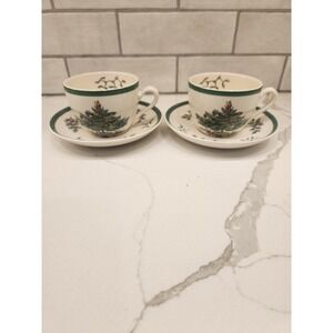 Vintage Spode England Christmas Tree Tea Cup and Saucer Set Lot Of 2 Santa Claus